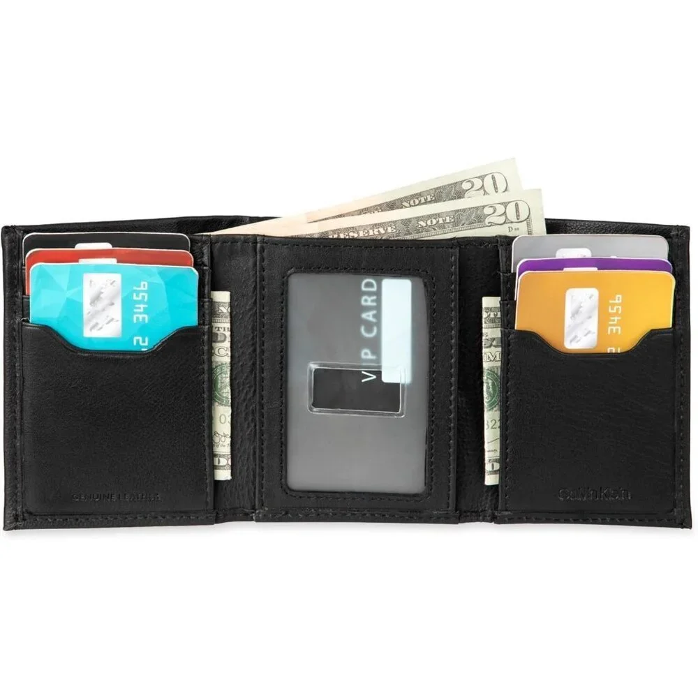 Men's Stylish Black Leather Trifold Wallet Card Slots Slip Pockets Designed